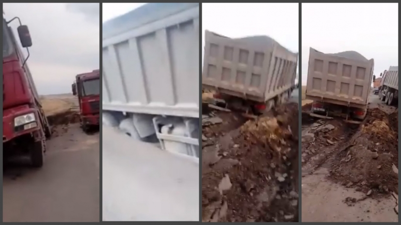 Под грузовиками провалилась трасса в Карагандинской области