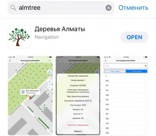 Доступно мобильное приложение с информацией о деревьях Алматы